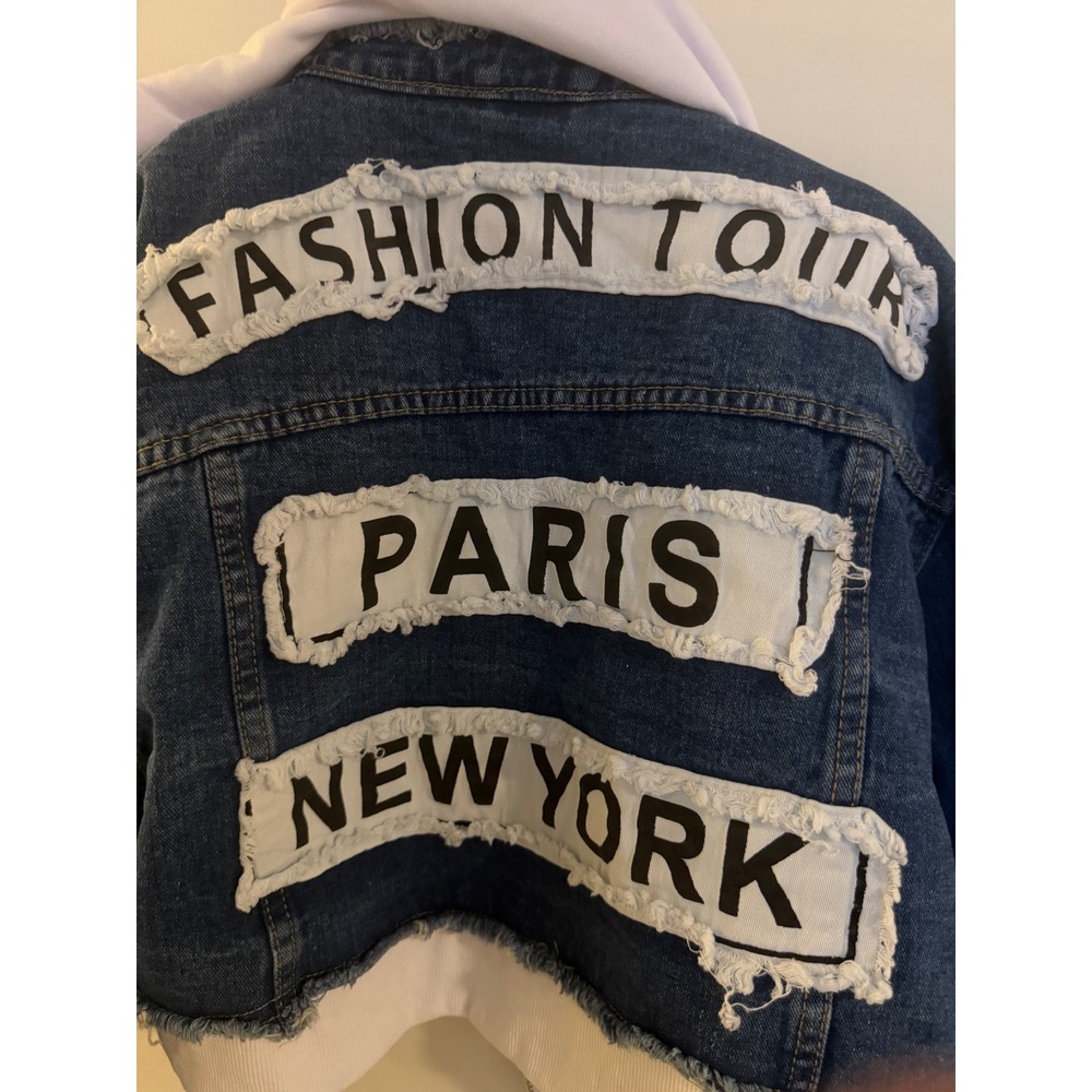 American Bazi Women Cropped Hoodie Denim Jacket Fashion Tour Blue White - Picture 2 of 13